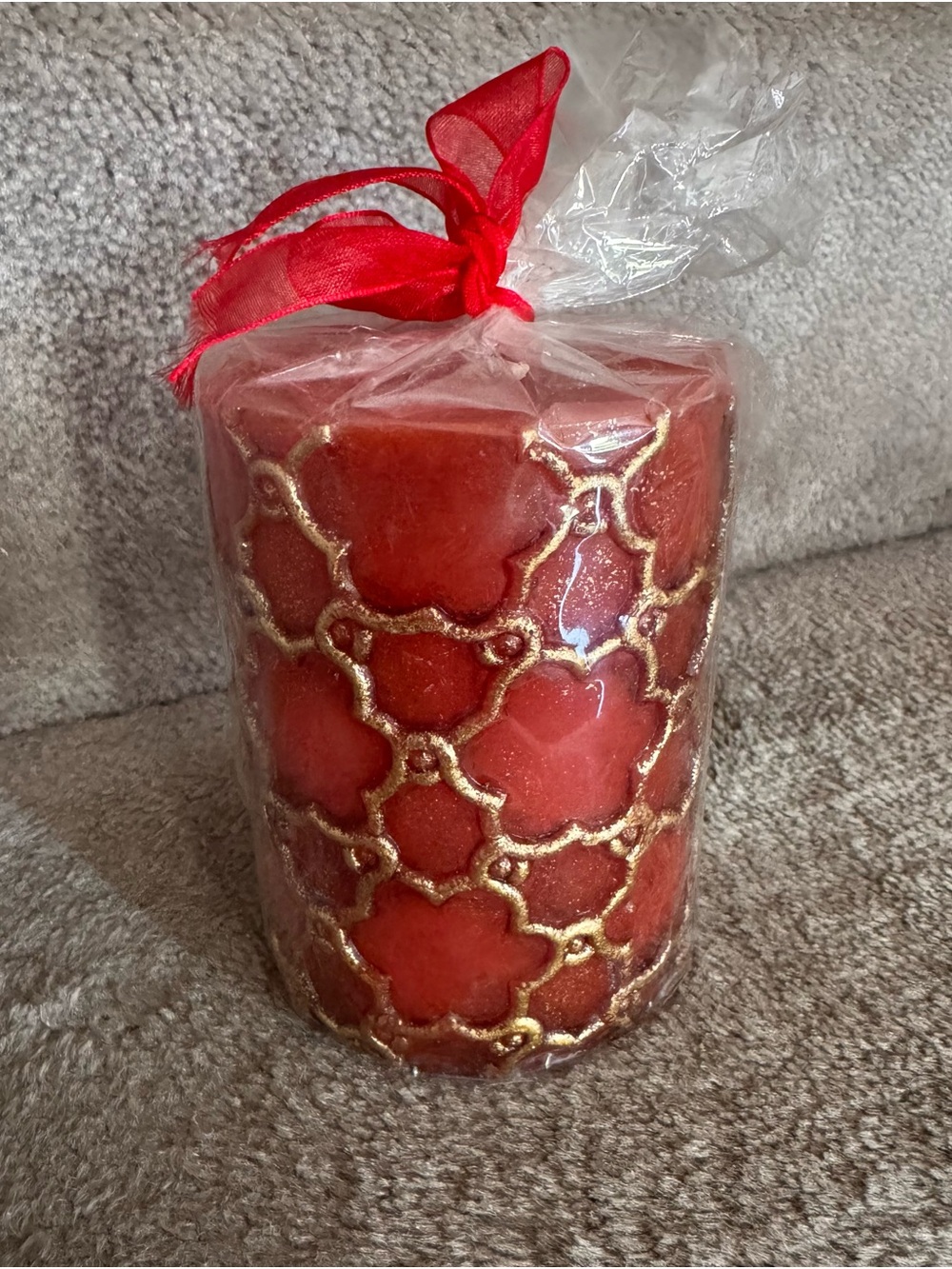 Red Decorative Pillar Candle with Gold Trellis Accent